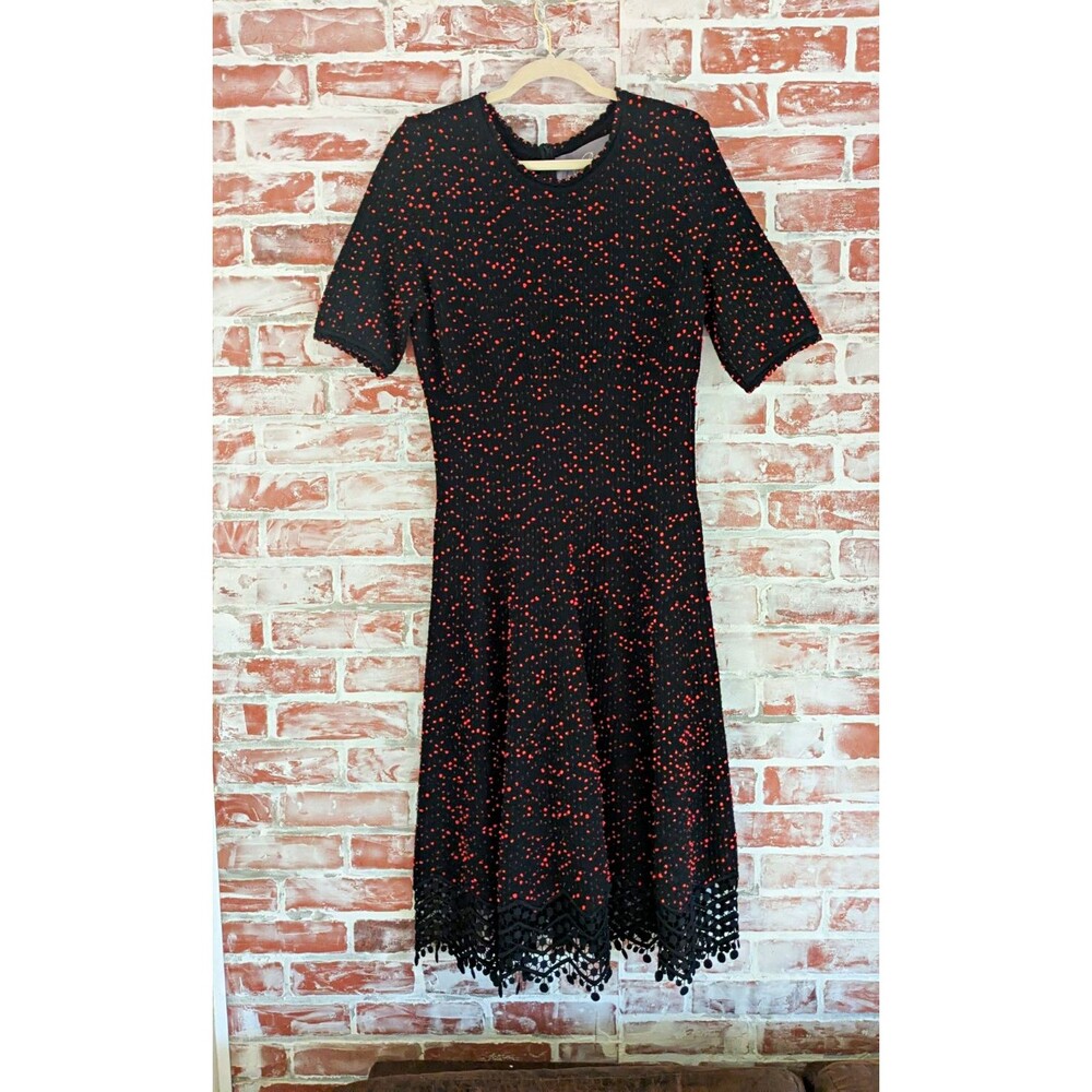 Lela Rose Women's Black/Red Speckled Polka Dot Fit & Flare Knit Midi Lace Hem L